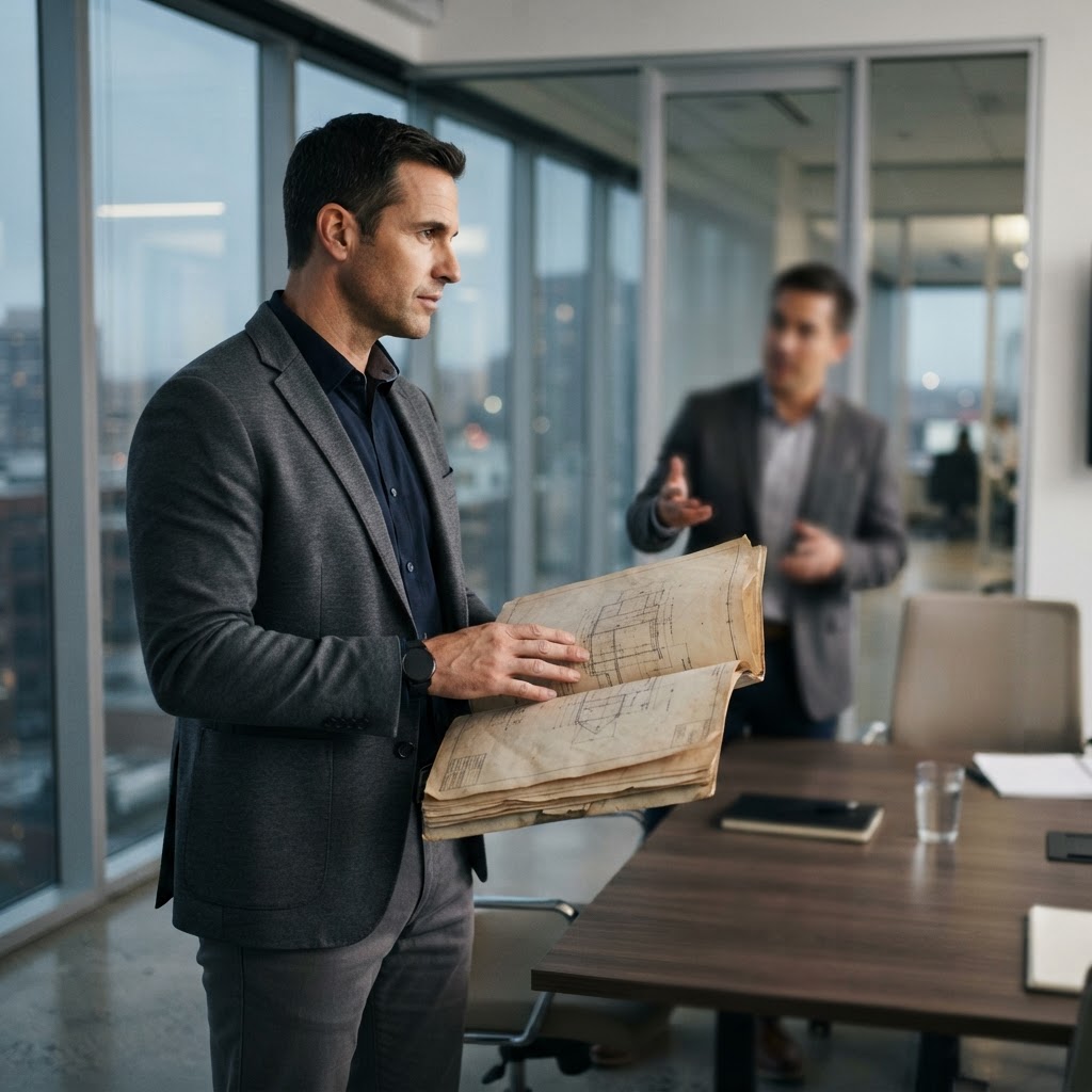 Two professionals in a meeting discussing technical strategy
