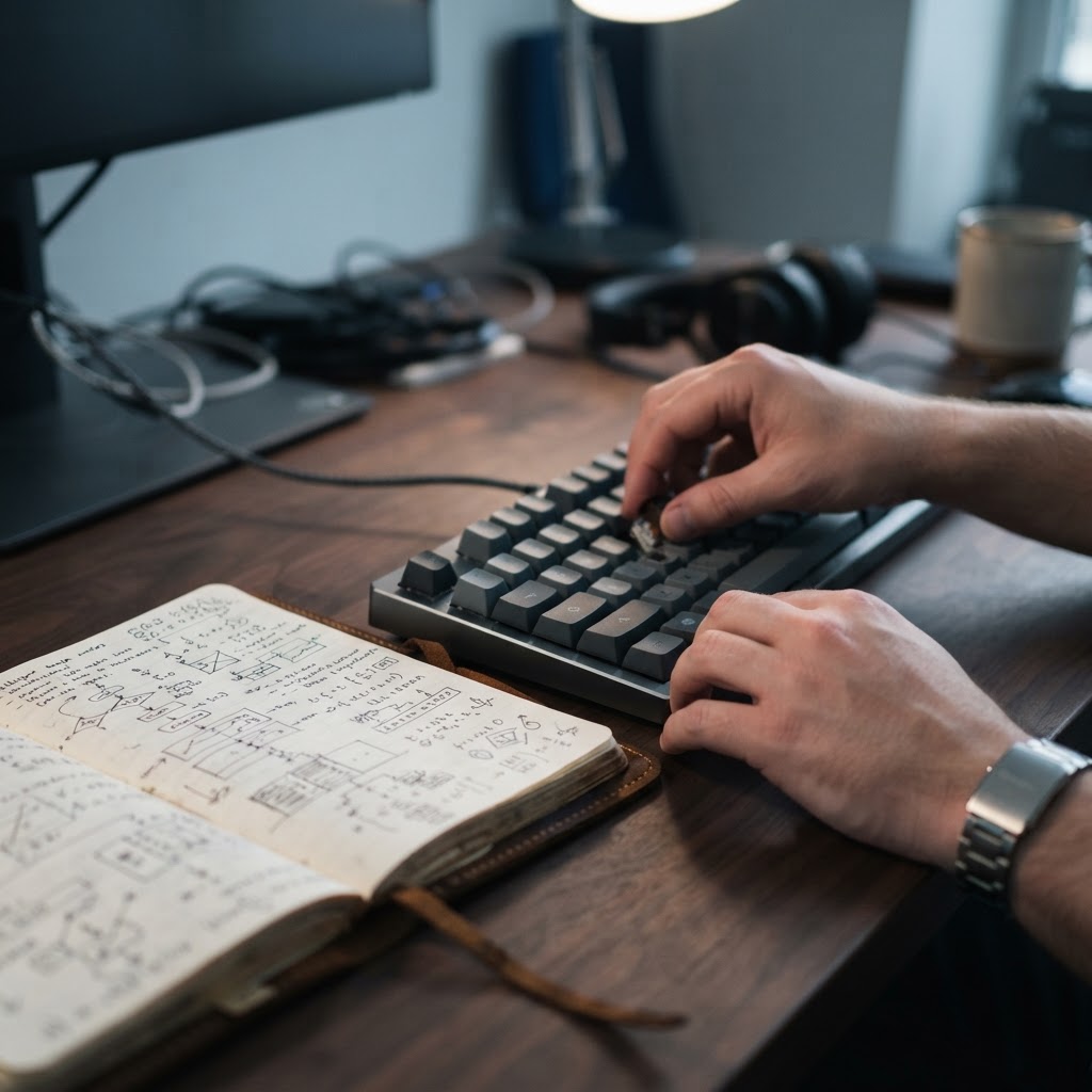 Developer working with handwritten technical notes at a desk