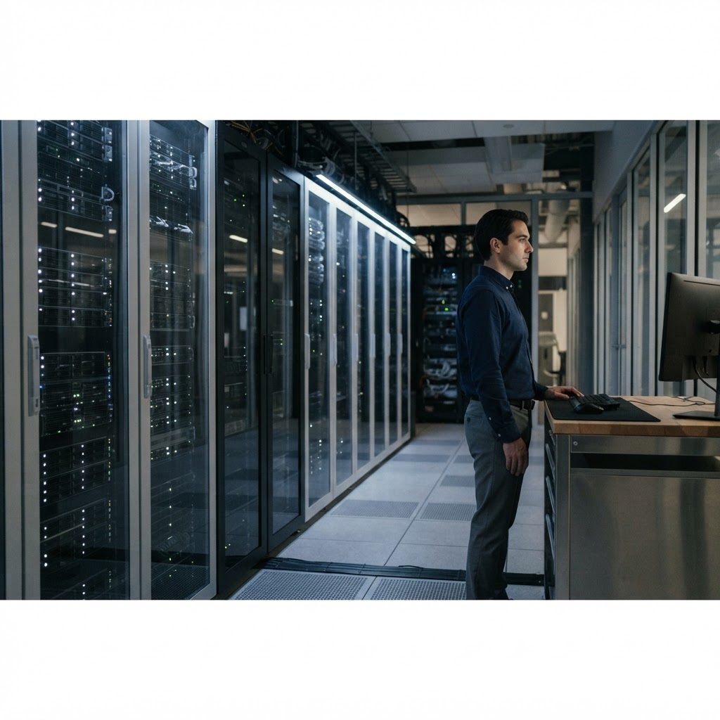 Technician in a professional server room environment