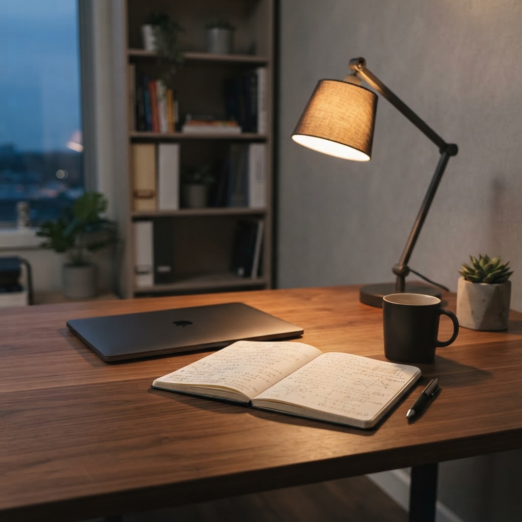 Quiet professional workspace with a notebook and desk lamp