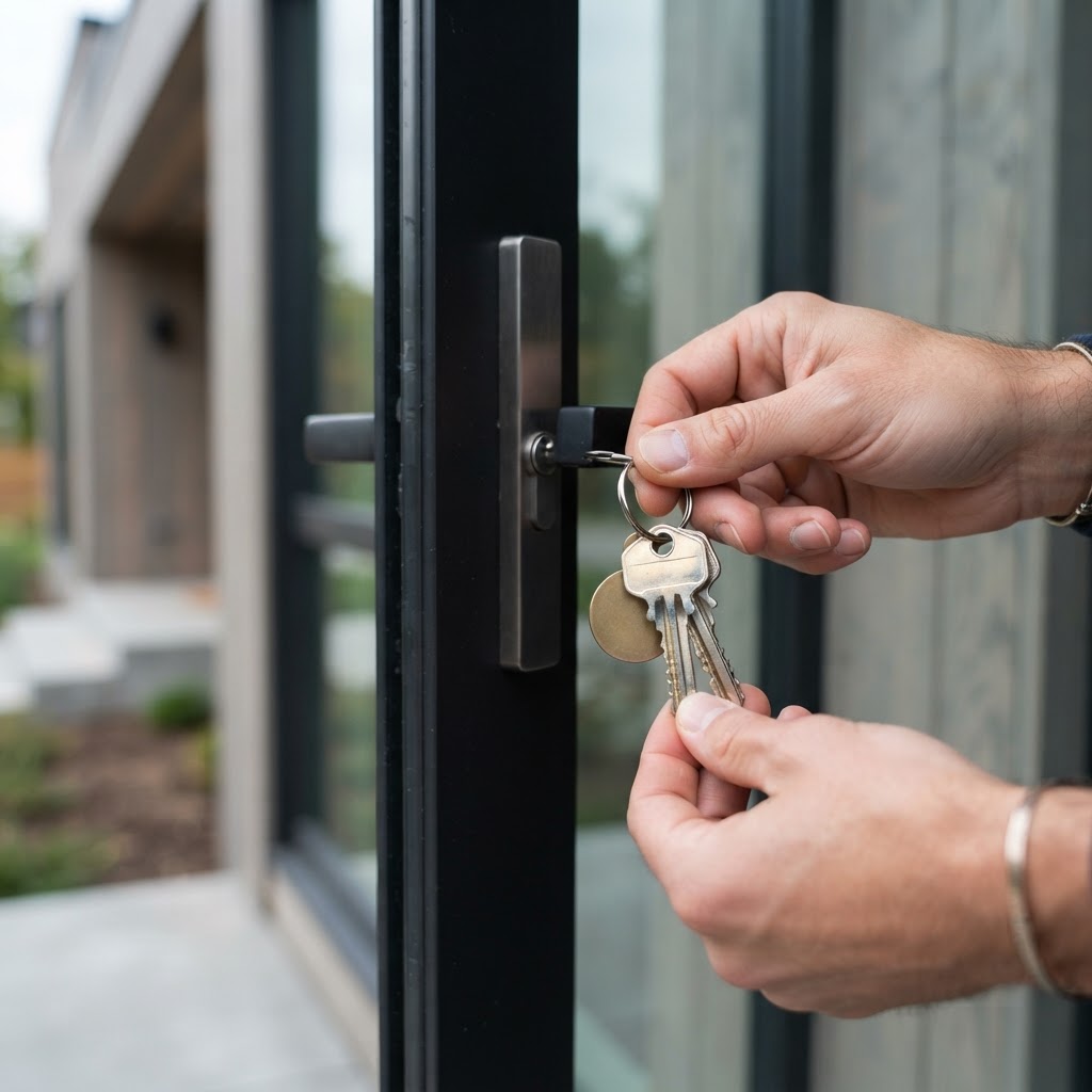 Close up of house keys held in a hand near a doorway
