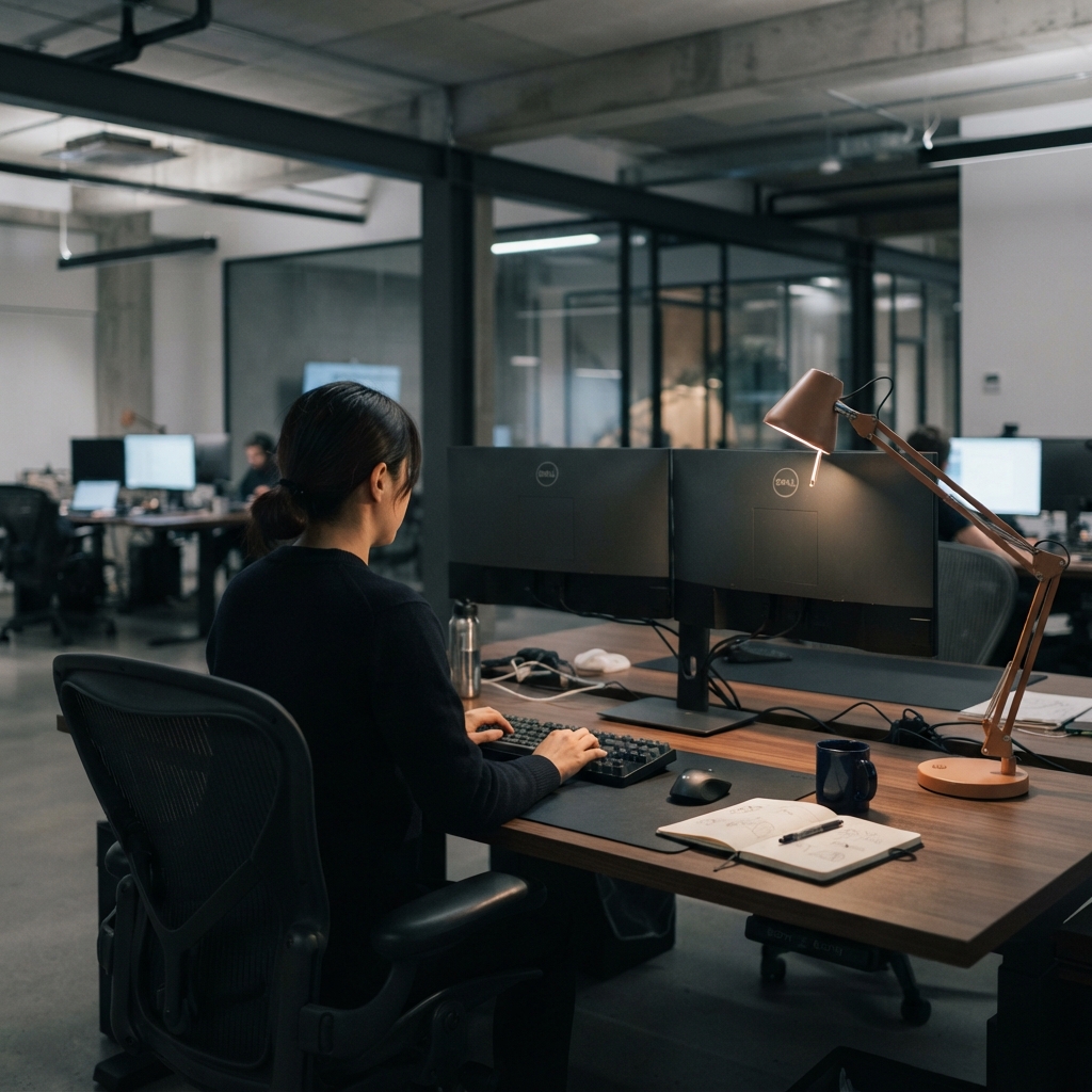 Data engineer at a desk with monitors facing away