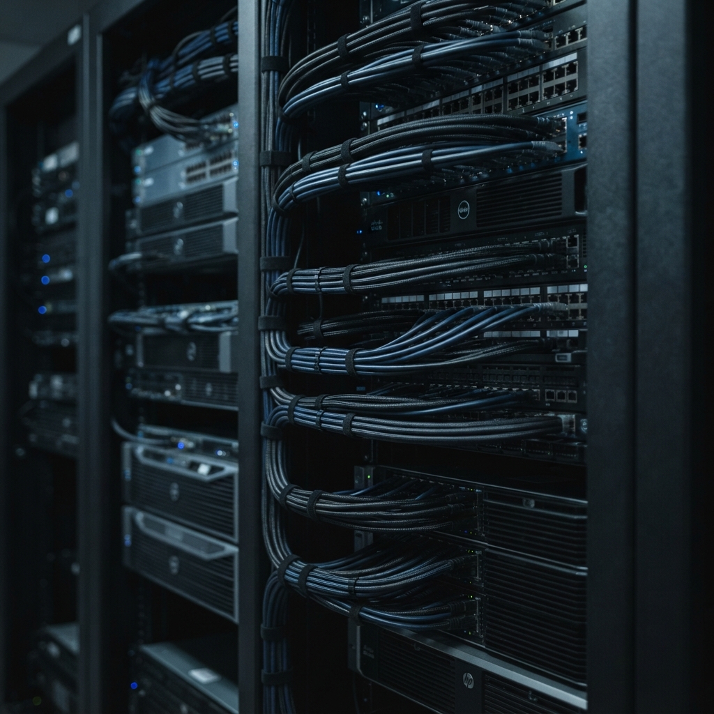 Detailed view of clean server room cable infrastructure