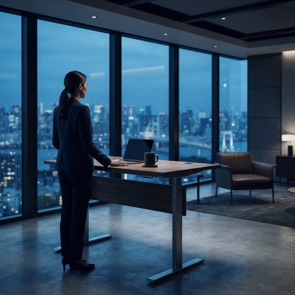 Modern office workspace viewed from behind a desk