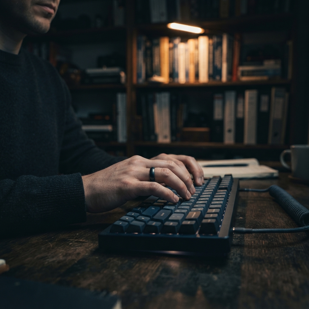 Professional hands working on a desktop keyboard