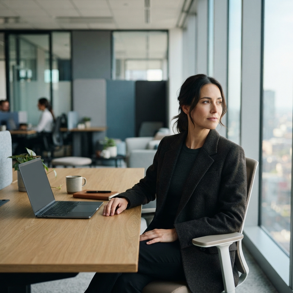 Professional strategist reflecting in a quiet office