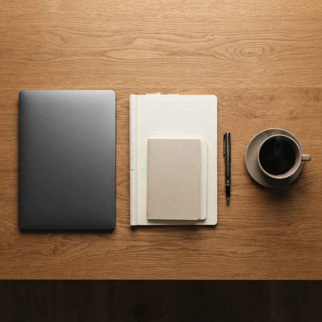 Organized workspace with notebooks and office supplies