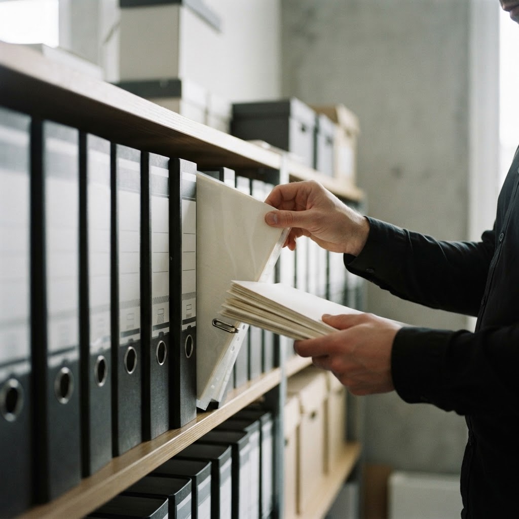 Hands carefully organizing physical files in binders