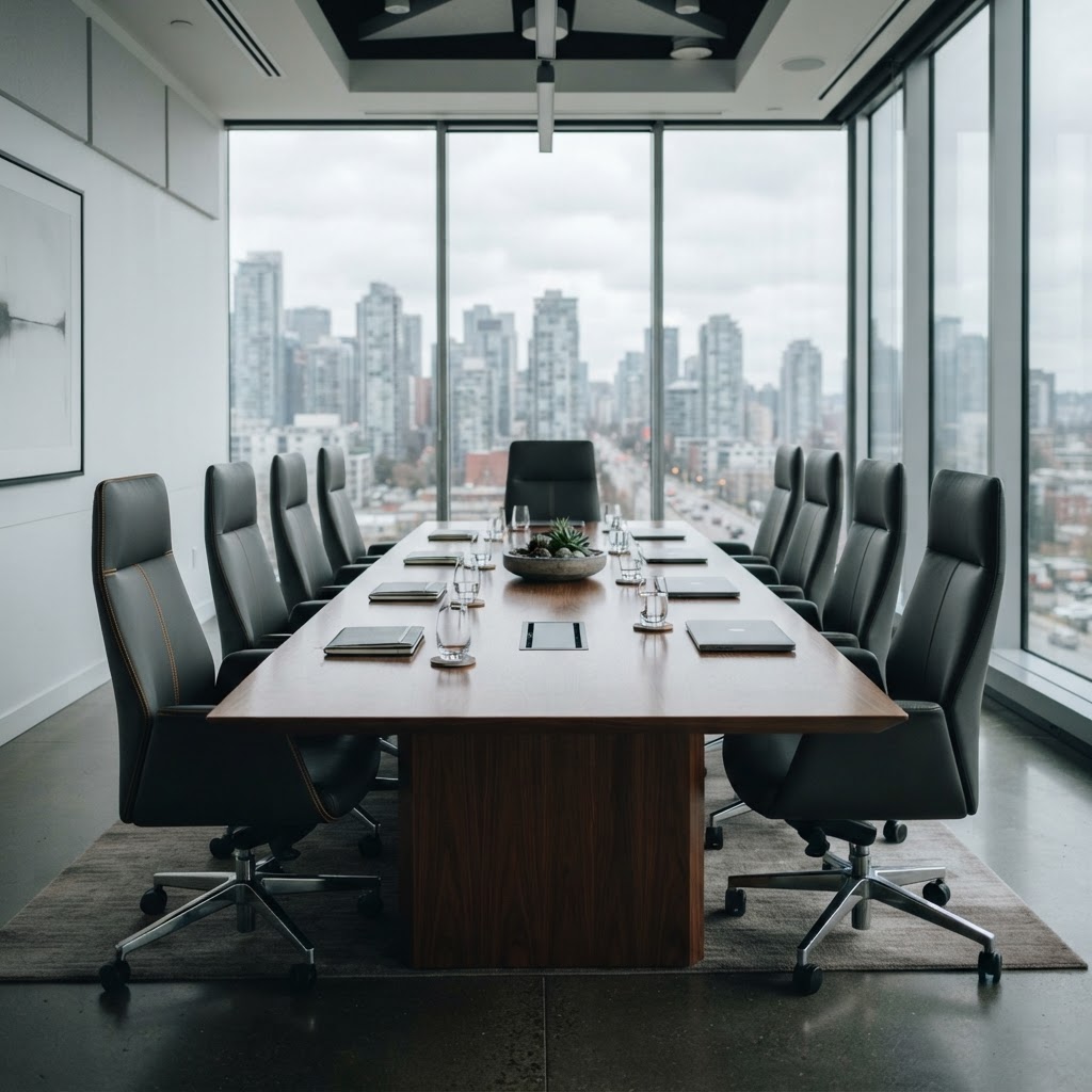 Empty conference room with amber accent stitching