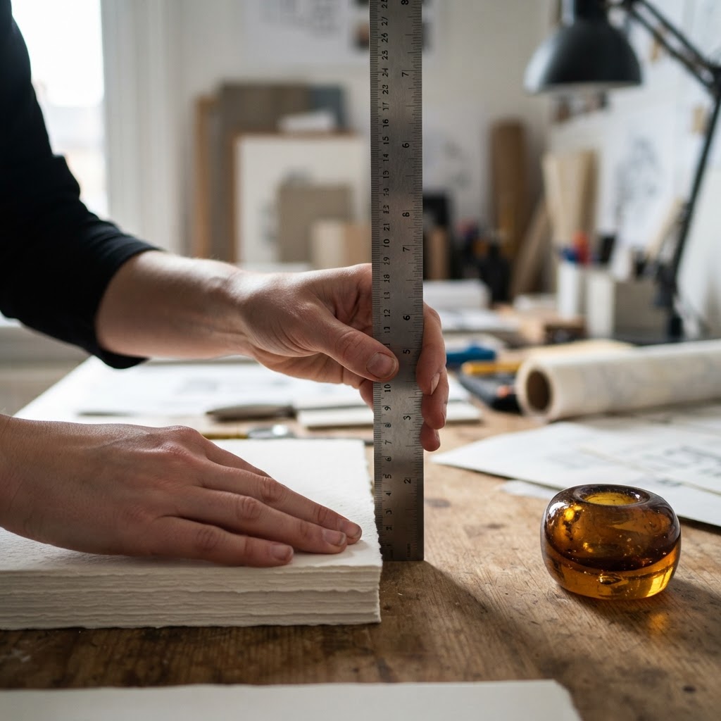 Hands using a metal straight edge to align cardstock