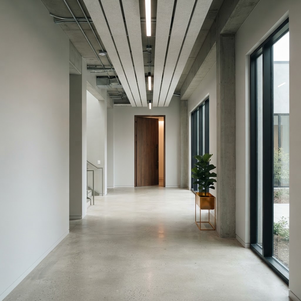 Modern minimalist office corridor with an amber planter