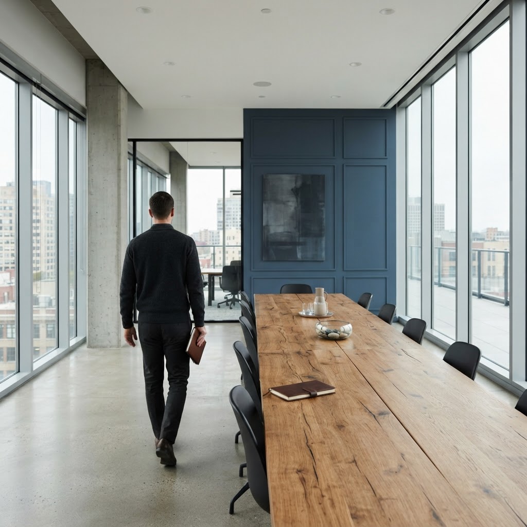 A person walking through a modern minimalist office