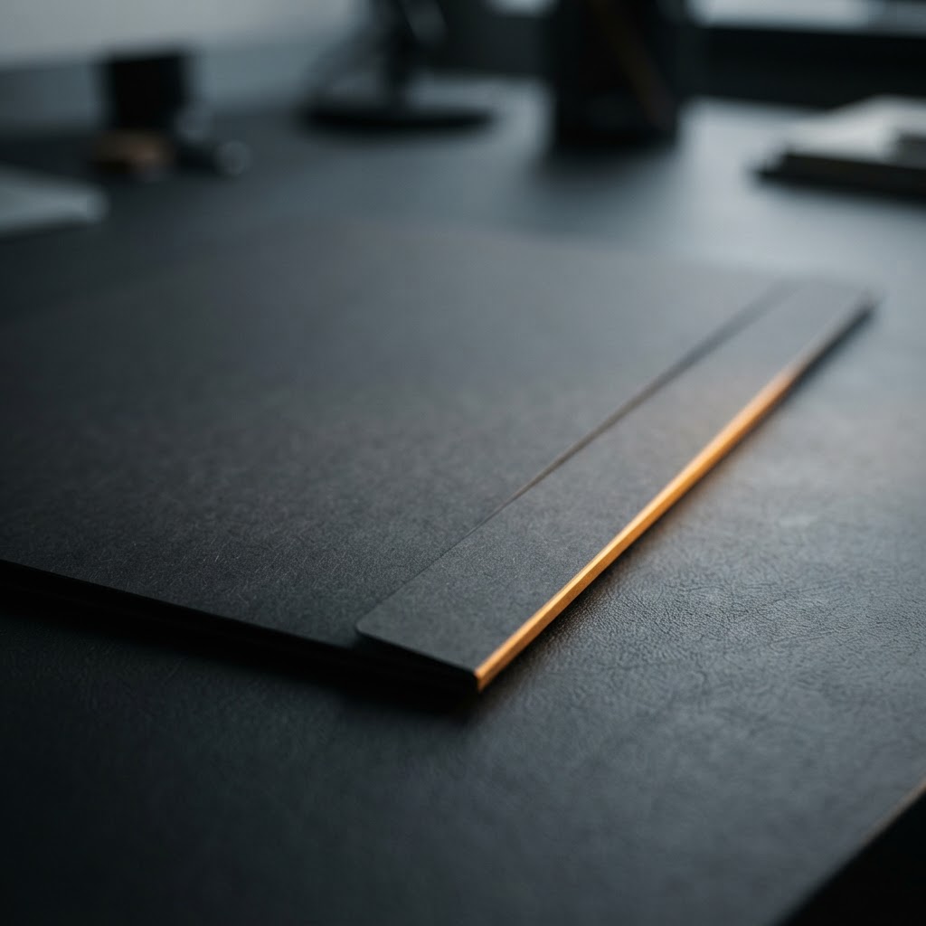 A single paper folder on a dark desk with amber trim