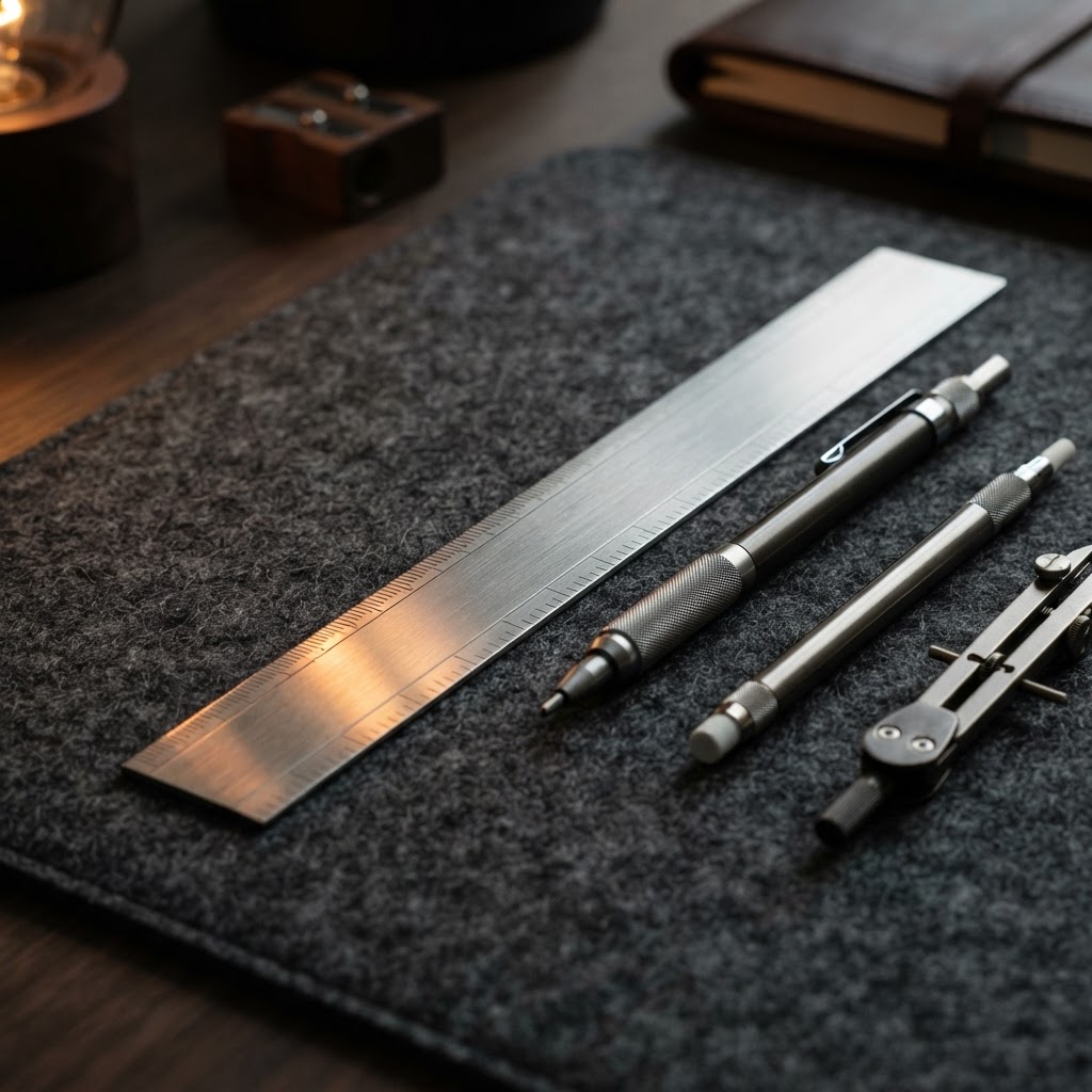 Close up of metal drafting tools on a felt surface