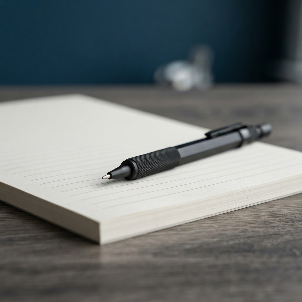 A mechanical pencil resting on blank paper awaiting documentation