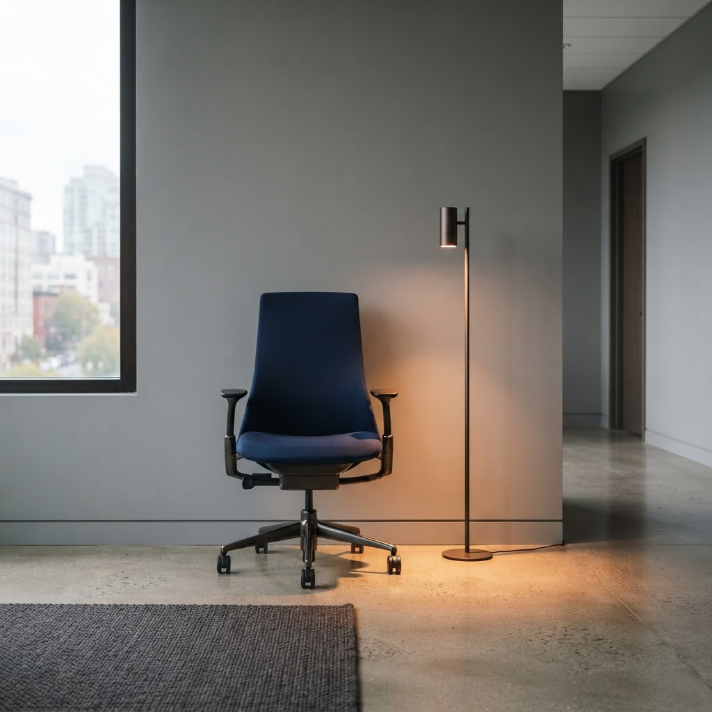 An empty minimalist office space with an ergonomic chair and ambient lighting