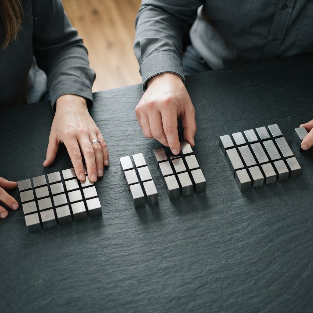 Hands organizing metal blocks on a dark surface to represent data categorization