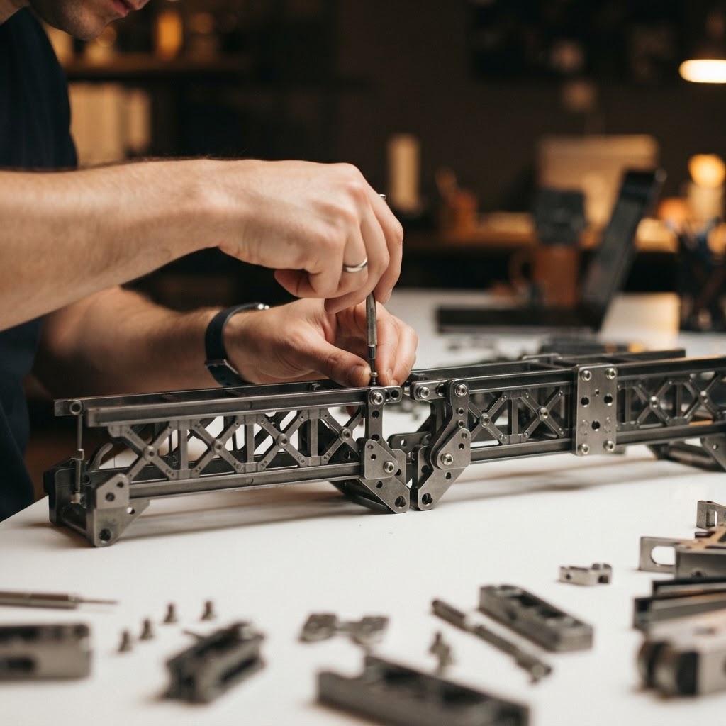 Hands connecting structural components on a table