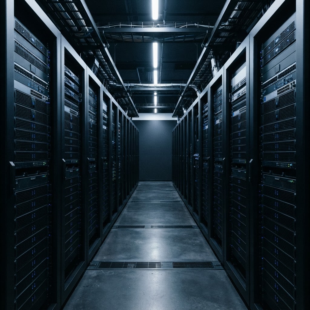 Symmetrical server room aisle showing industrial order