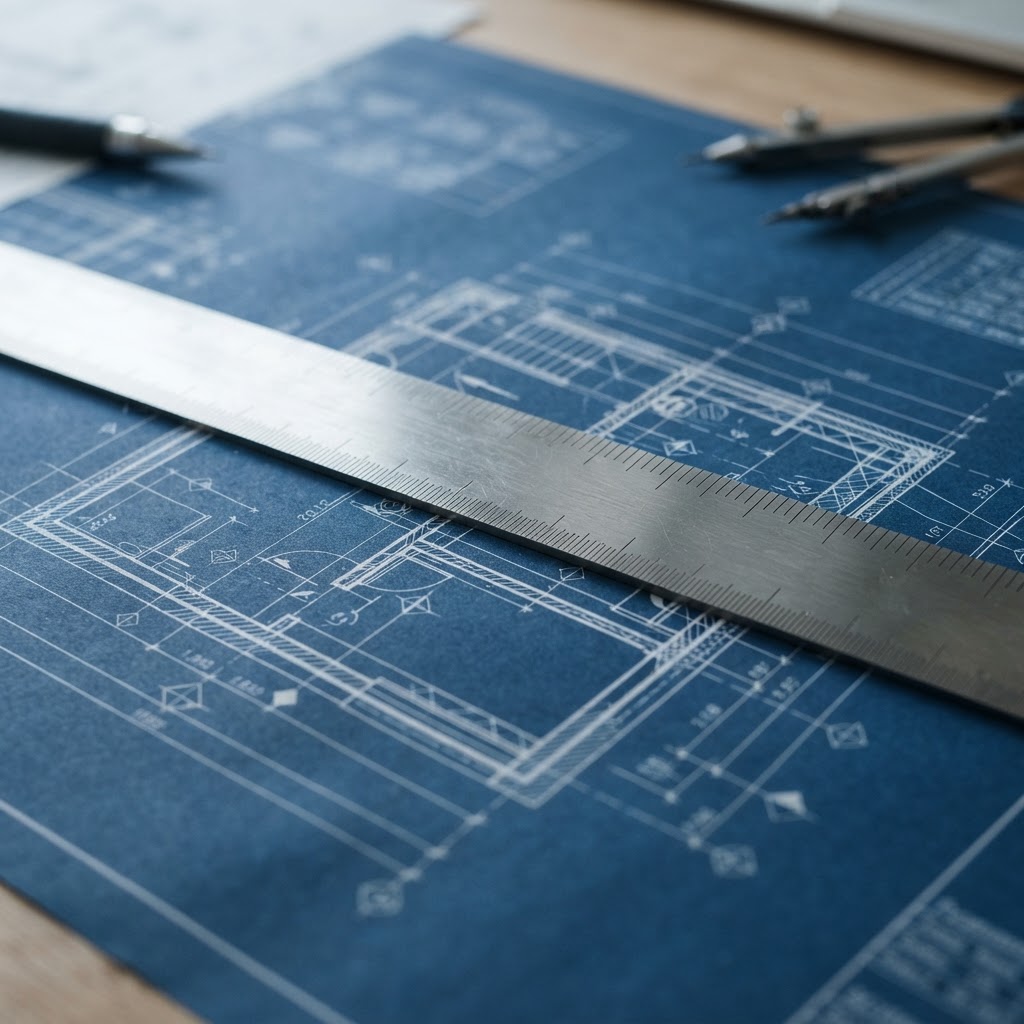 Close up of engineering tools on technical blueprints