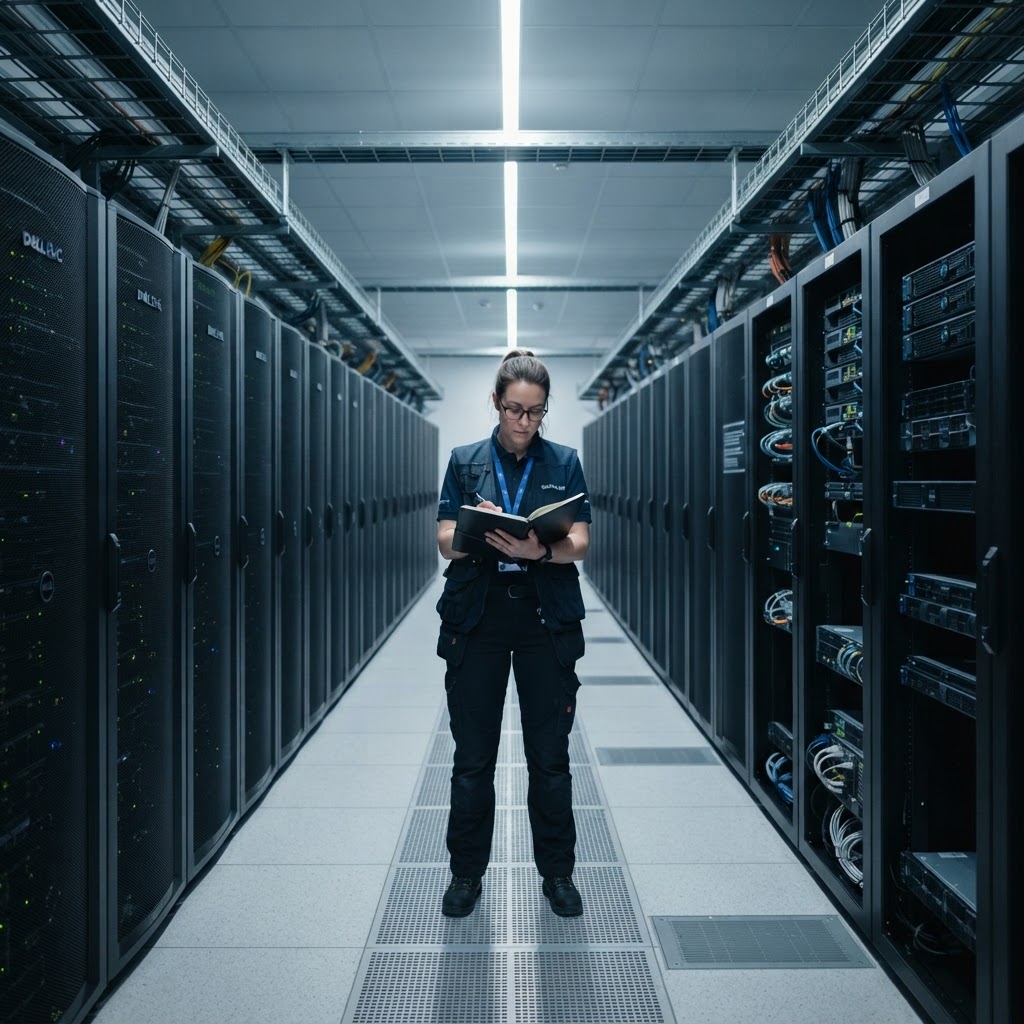 Practitioner reviewing logs in a clean server room