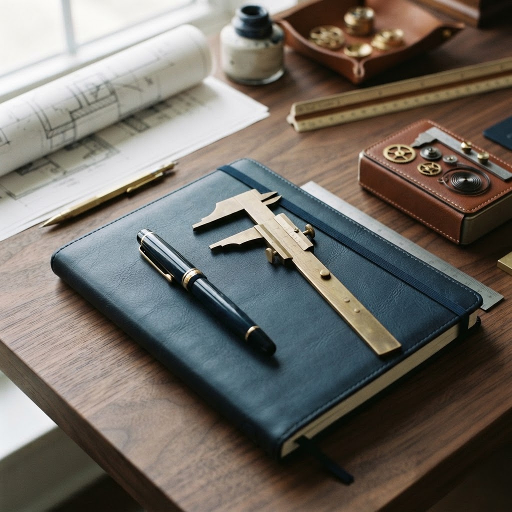 Professional engineering tools arranged on a desk