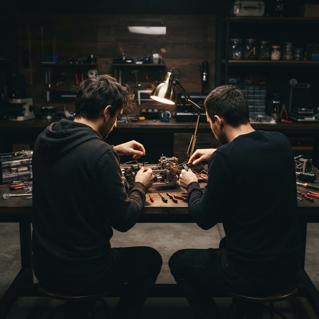 Engineers collaborating on a technical project in a modern office