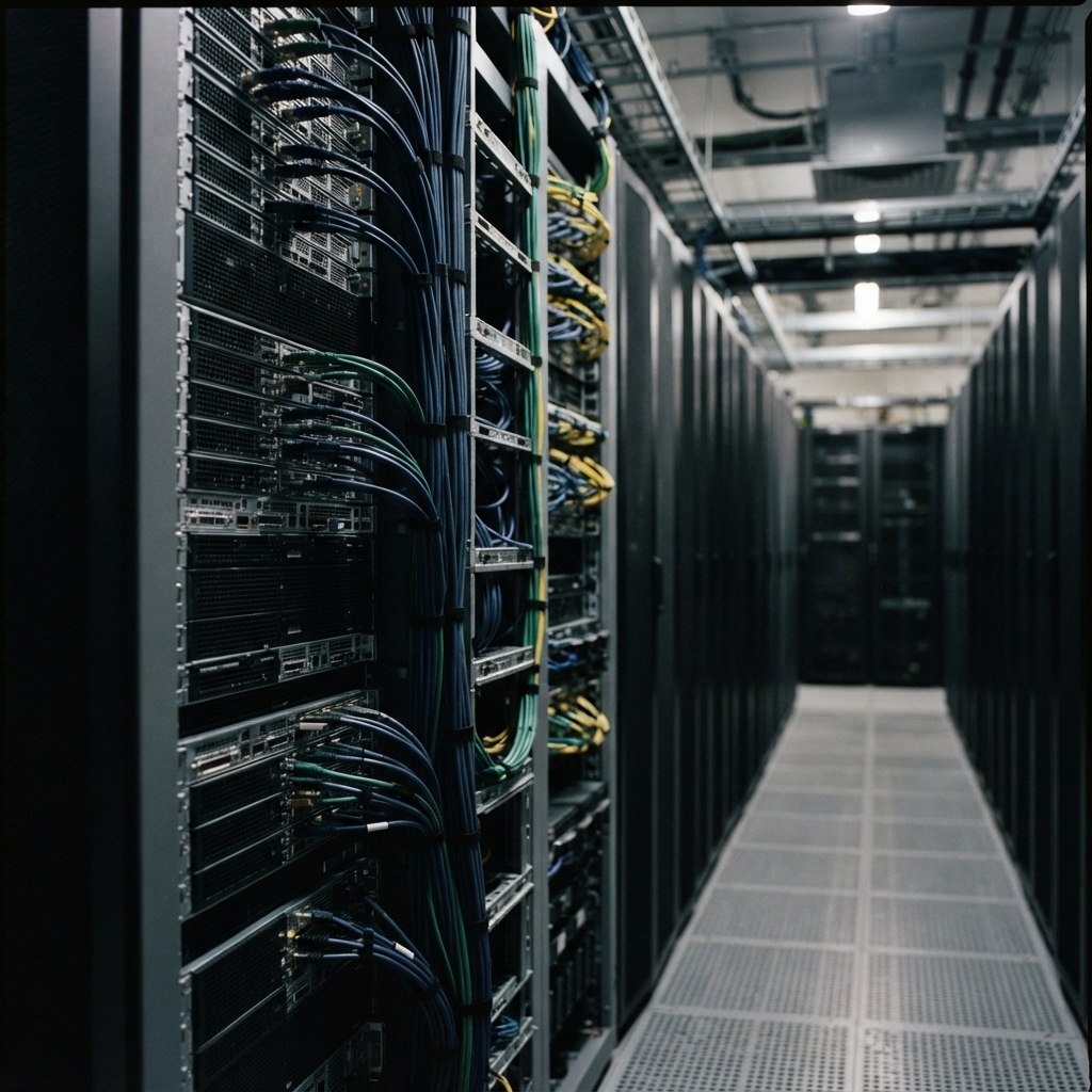 Organized server room hardware and cable infrastructure