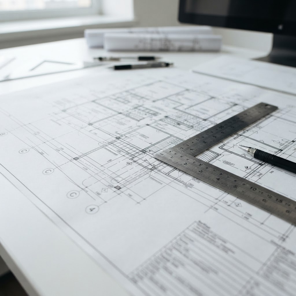Detailed architectural blueprints on a white table