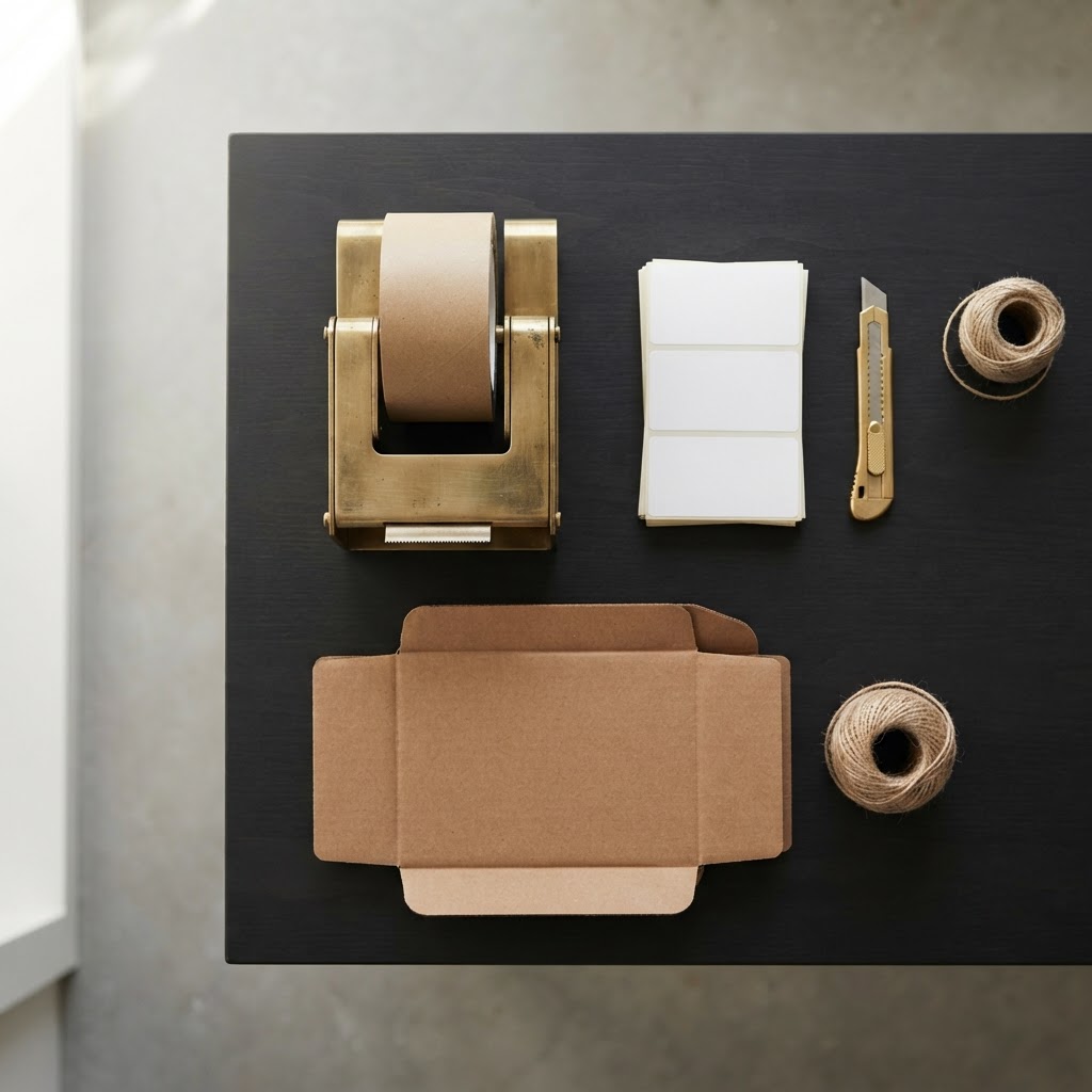 Close up of shipping supplies on a workspace desk