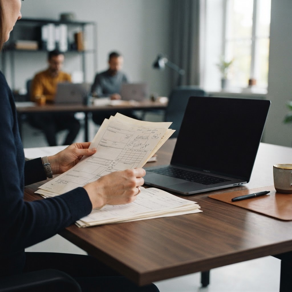 Professional logistics operator reviewing shipping documents at a desk