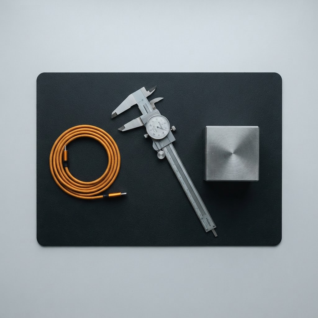 Metal calipers and a brushed steel cube on a desk