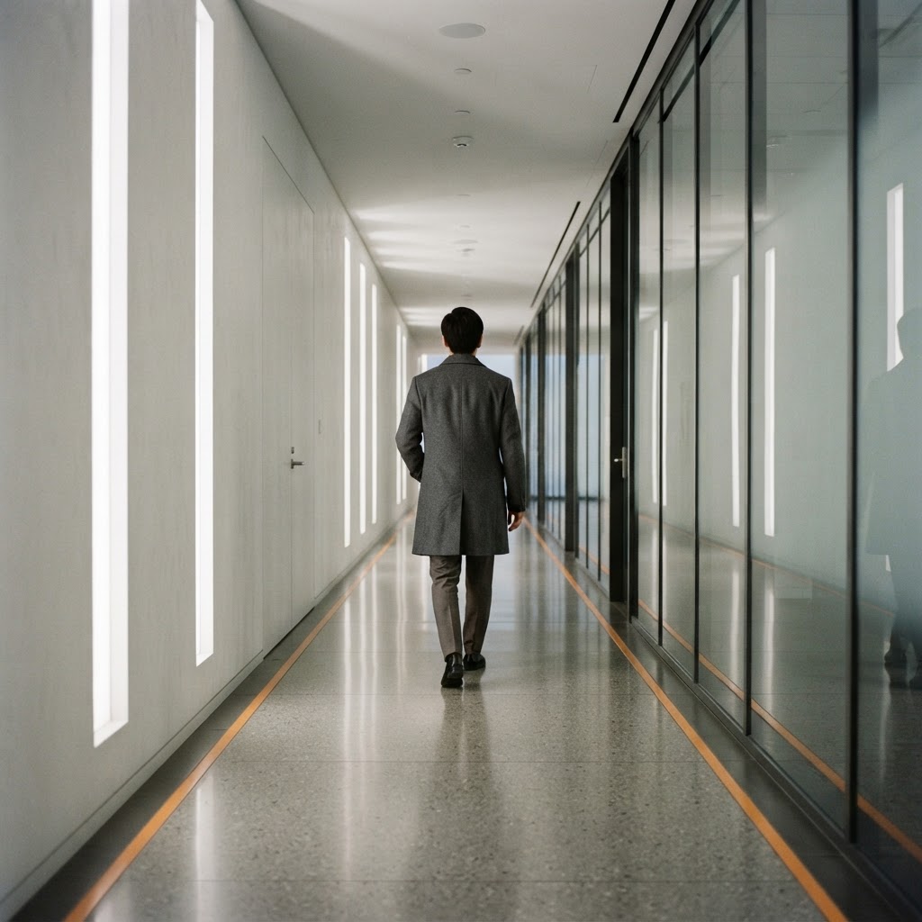 Person walking down a minimalist modern corridor