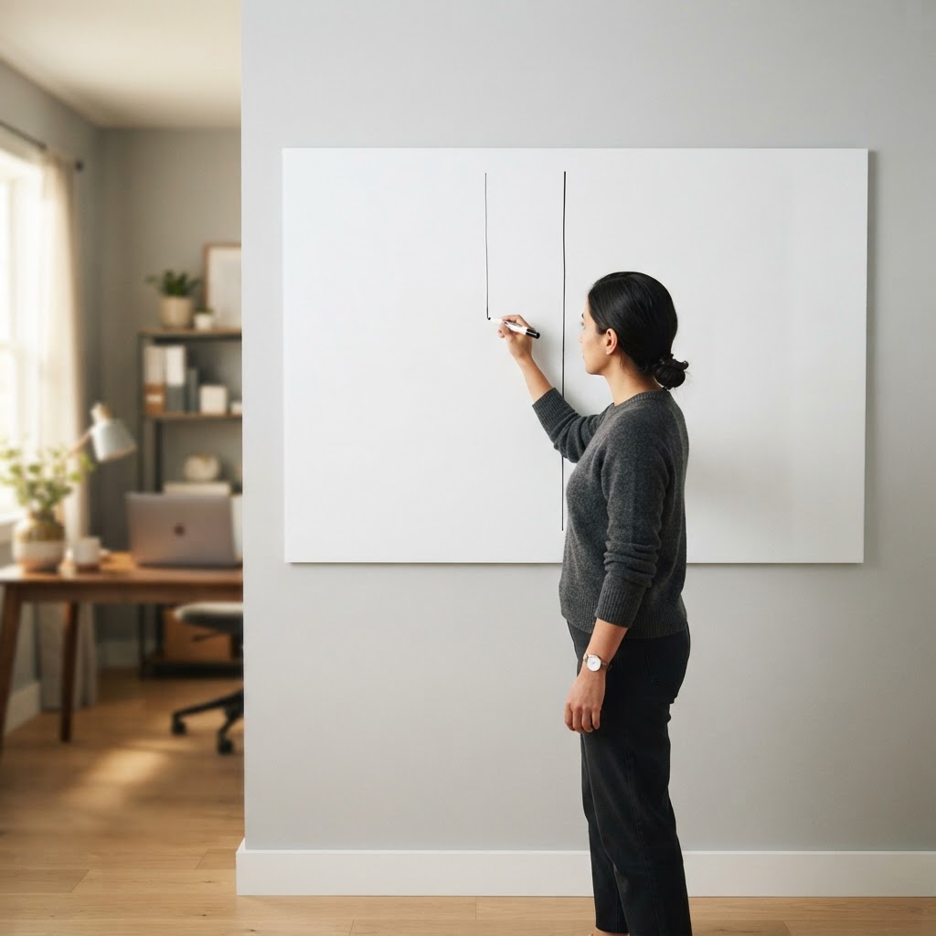 A professional drawing a dividing line on a clean whiteboard