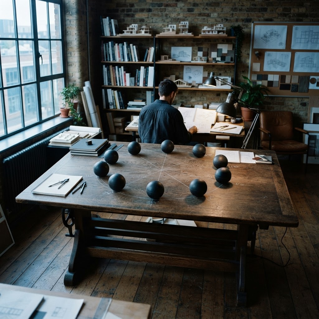 A wide shot of a studio table with stone spheres in a pattern