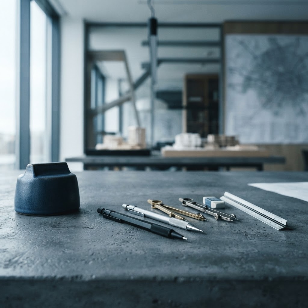 Drafting tools and a paperweight on an architectural workspace table