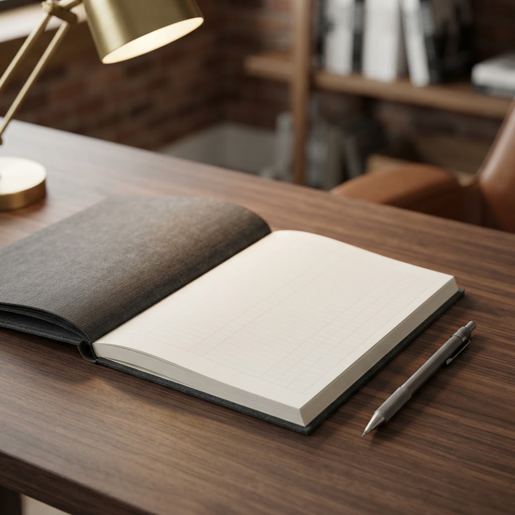 Open ledger on a desk for data tracking and cost planning