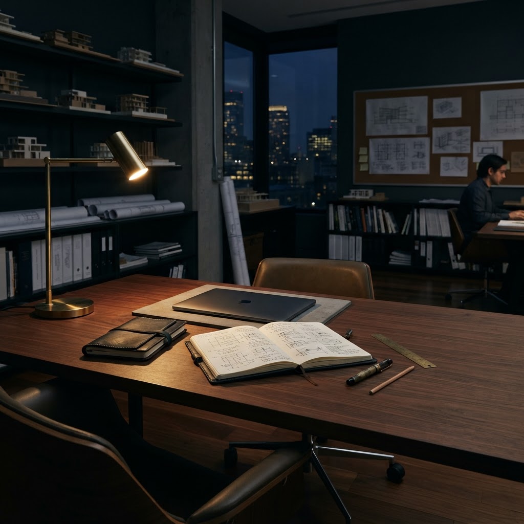 Professional workspace with notebook and warm lighting