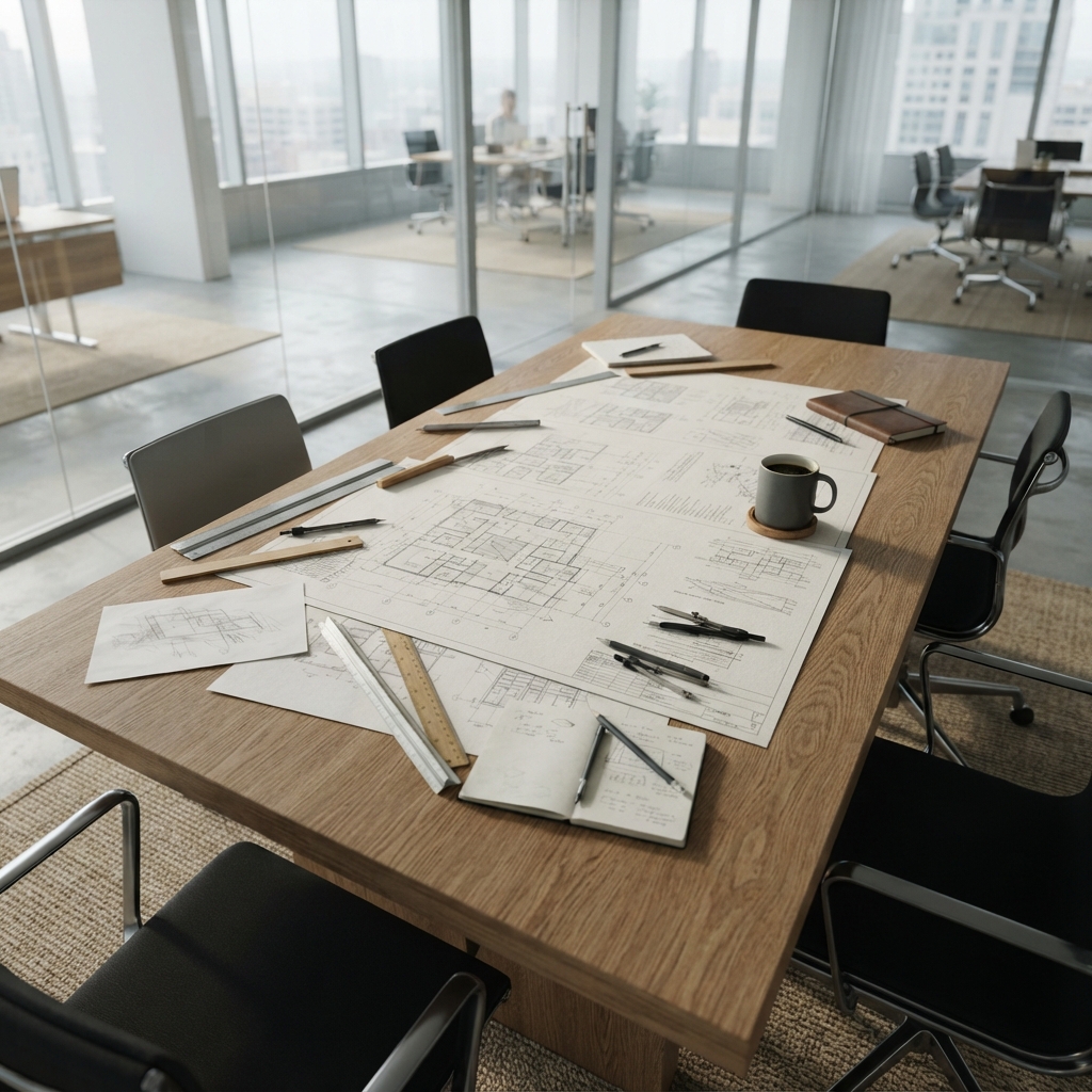 Technical blueprints and coffee on a conference table