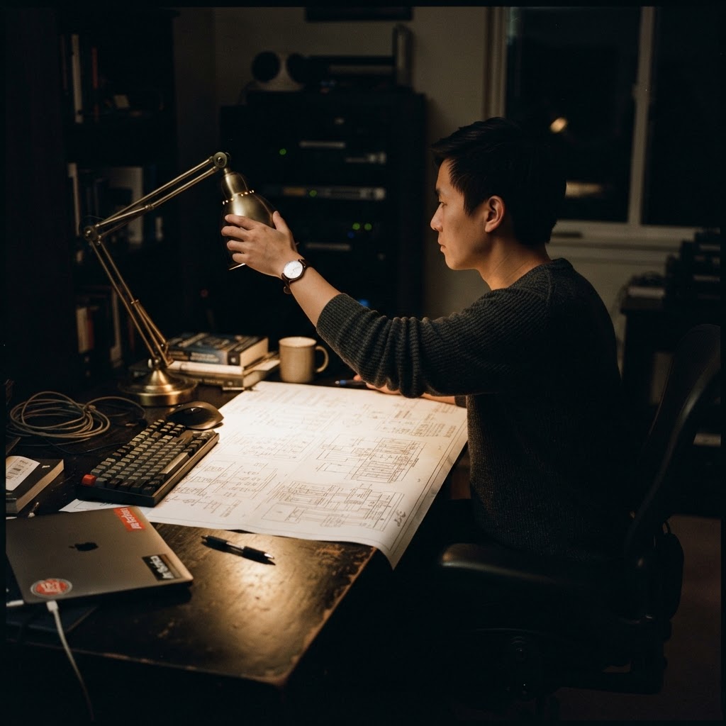 Engineer reviewing technical blueprints at a desk