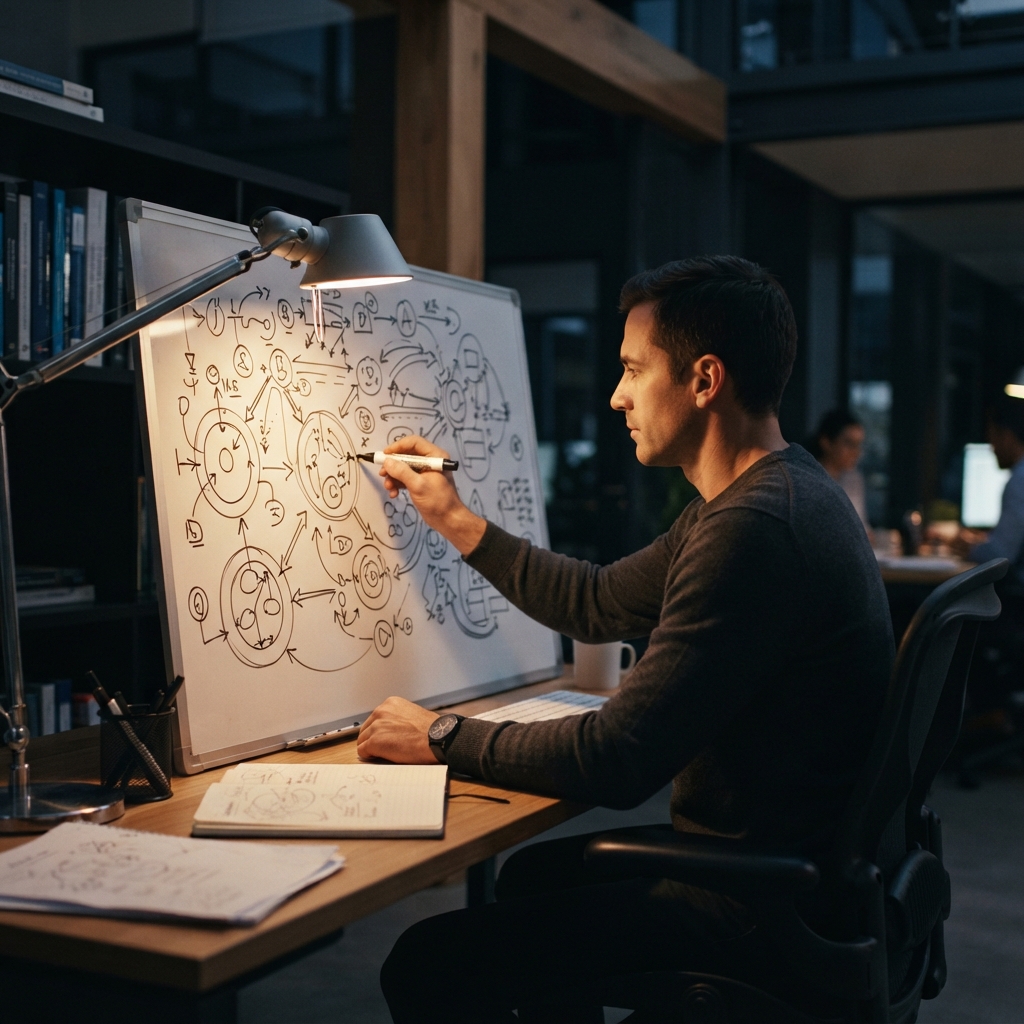 Professional mapping out circular growth processes on a whiteboard