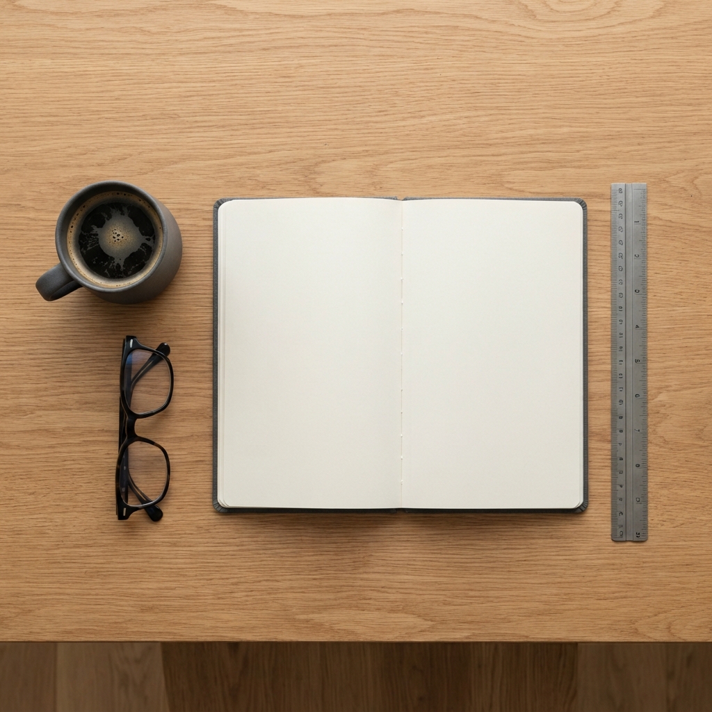 Minimalist desk arrangement with notebook and pen from above