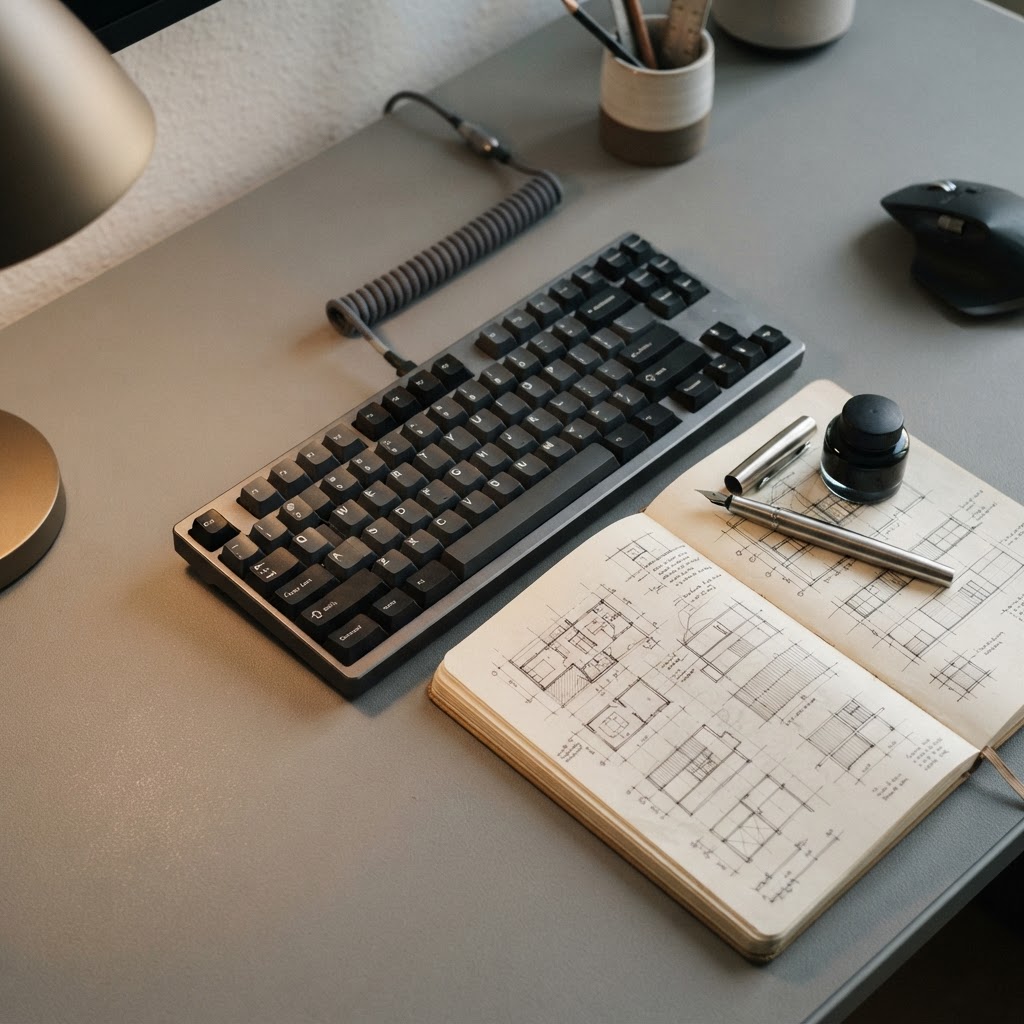 Professional workspace with engineering notes and tools