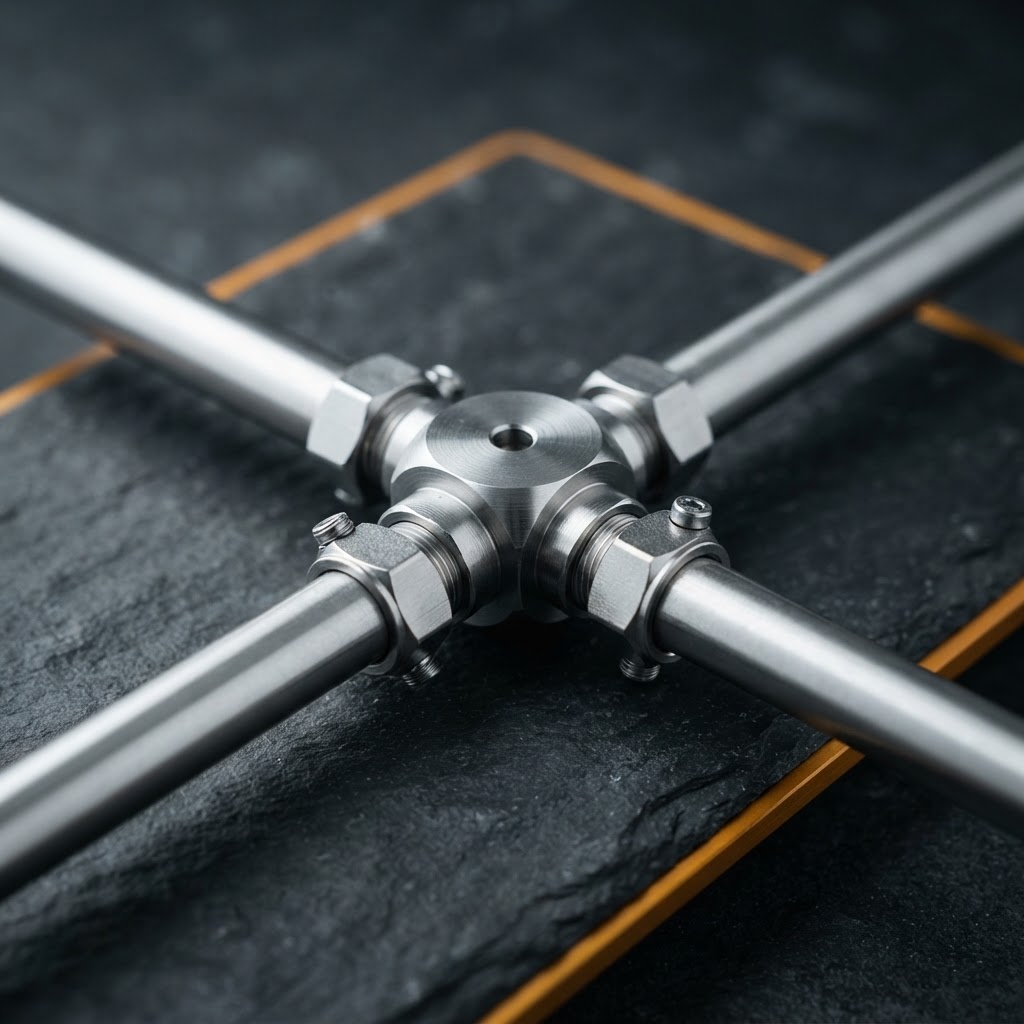 Macro view of steel conduit connections on slate surface