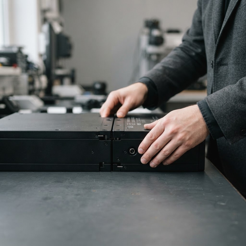 Hands aligning two matte black metallic infrastructure plates