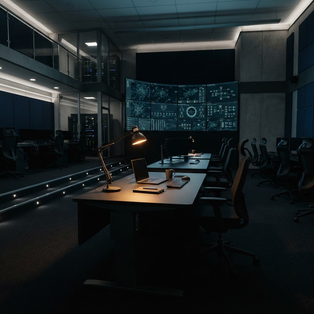 Quiet modern workstation desk under focused warm lighting