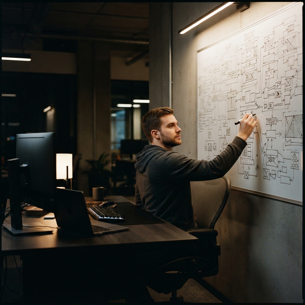Engineer reviewing architectural diagrams in a modern office