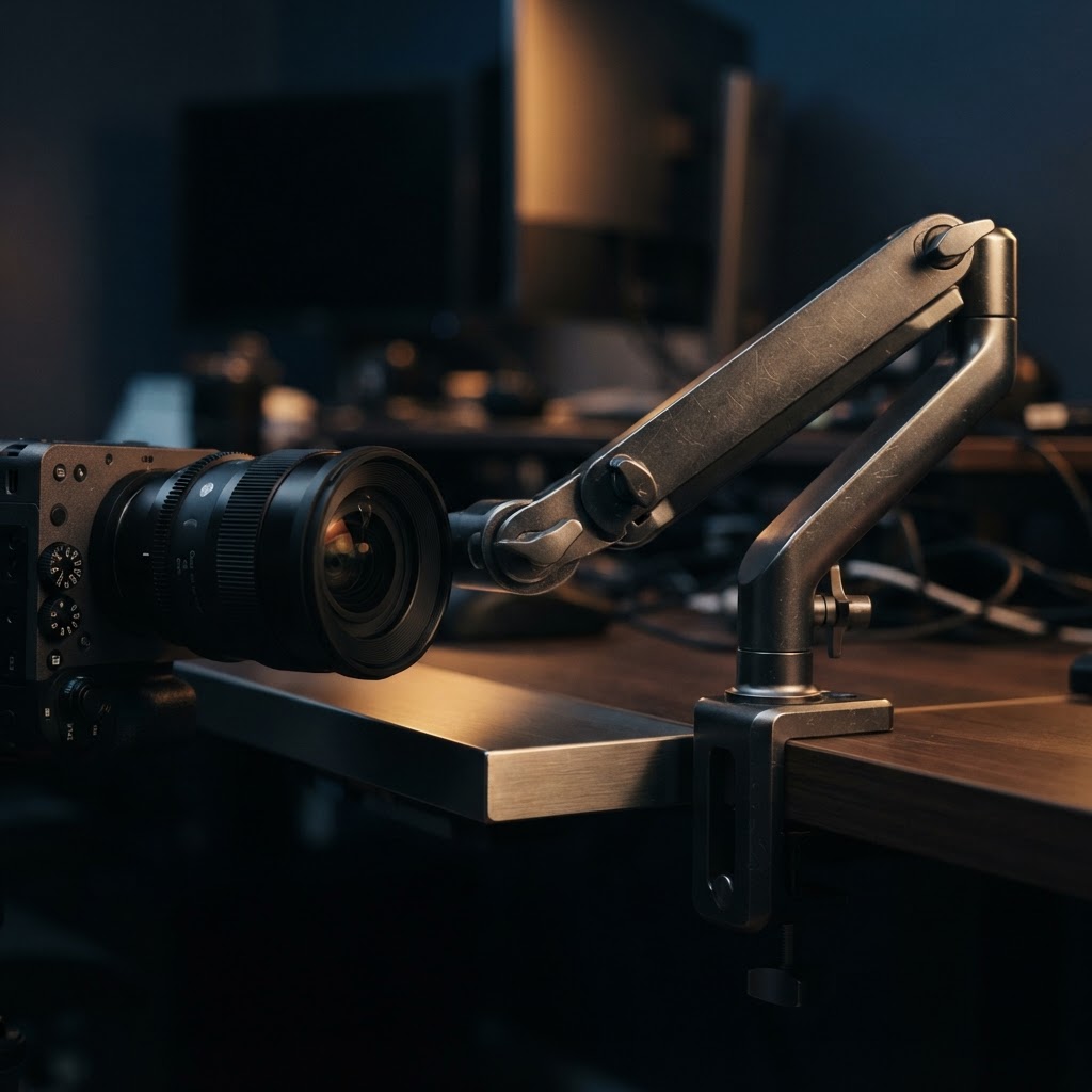 Macro view of metallic desk hardware with shallow depth of field