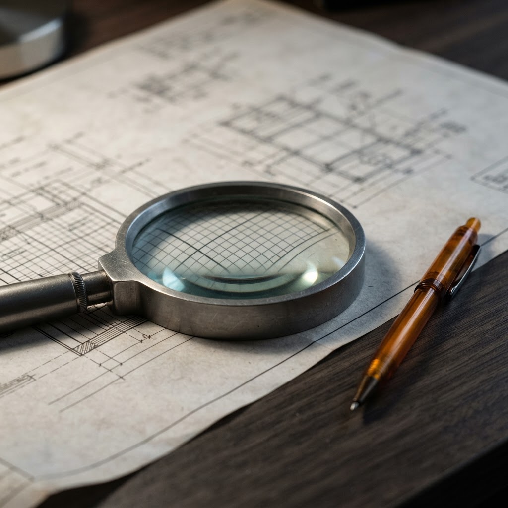 Technical blueprints and magnifying glass on a desk
