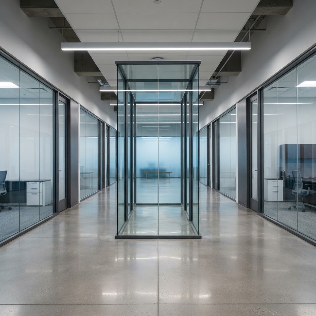 Modern office interior with clean lines and glass
